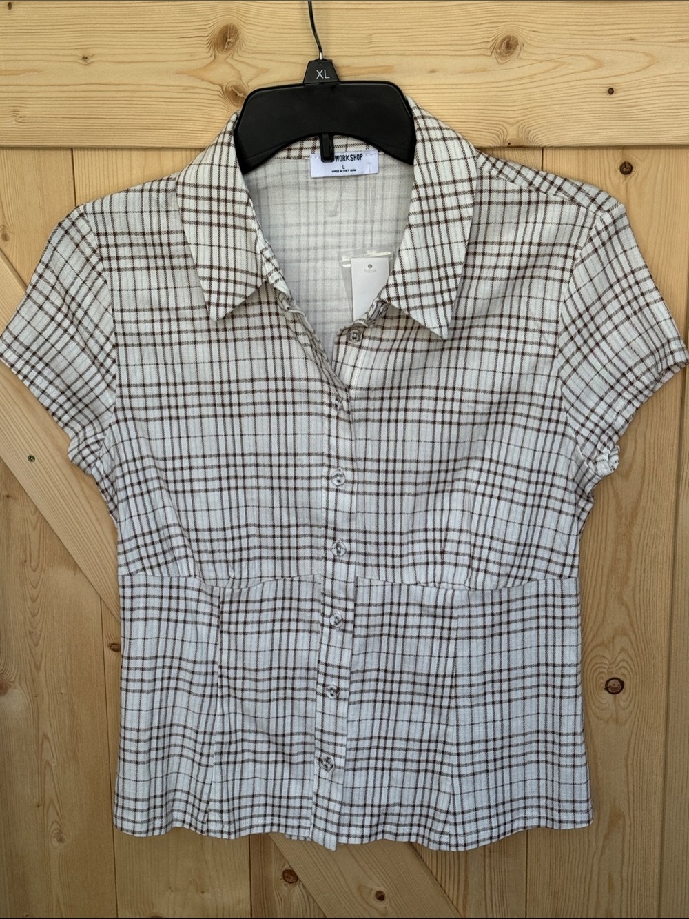 The Row Cream & Brown Plaid Short-Sleeve Button-Down Shirt